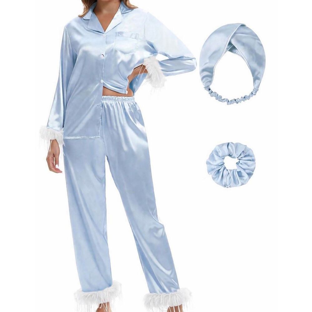 Morforu Satin Pajama Set Women Size L Blue Feather Trim Sleepwear Lounge Cute